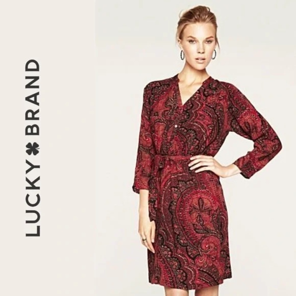 Lucky Brand Red Tapestry Fit & Flare Mini Dress EUC Women’s Size - M